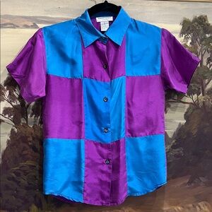 ROBERT STOCK 100% Silk Purple and Blue Colorblock Button Up Shirt Size L/6